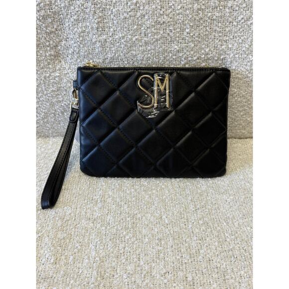 Steve Madden Handbags - STEVE MADDEN DIAMOND QUILT POUCH BLACK FAUX LEATHER W GOLD TRIM-10in-7in-NWT